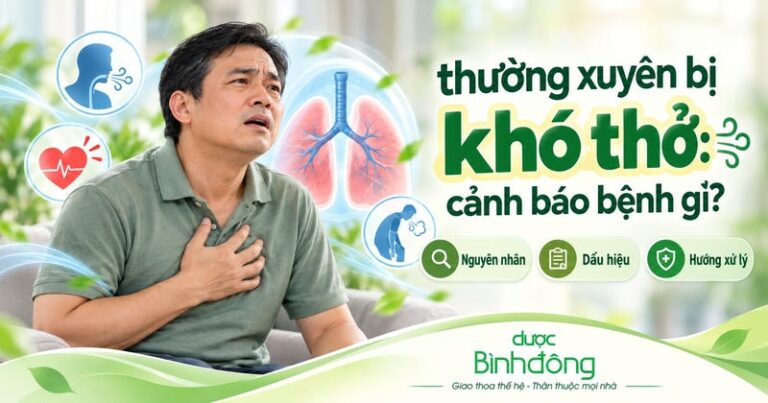 Người đàn ông ngồi, một tay đặt lên ngực cạnh hình phổi. Bên trái có dòng chữ “Khó thở tái diễn: Khi nào đáng lo?