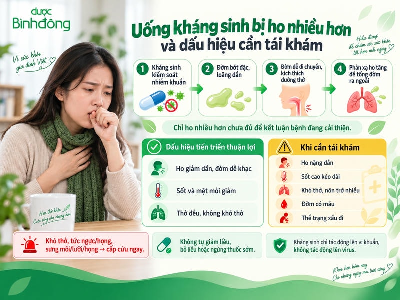 Infographic minh họa cơ chế ho khi dùng kháng sinh, các dấu hiệu cải thiện, cảnh báo cần tái khám và cấp cứu.