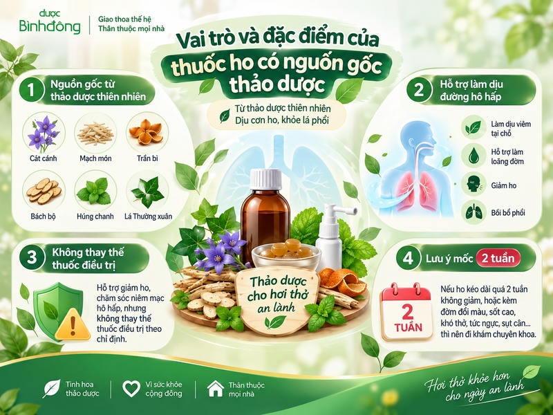 Infographic về thuốc ho thảo dược, gồm nguồn gốc, vai trò hỗ trợ, giới hạn điều trị và mốc khám.