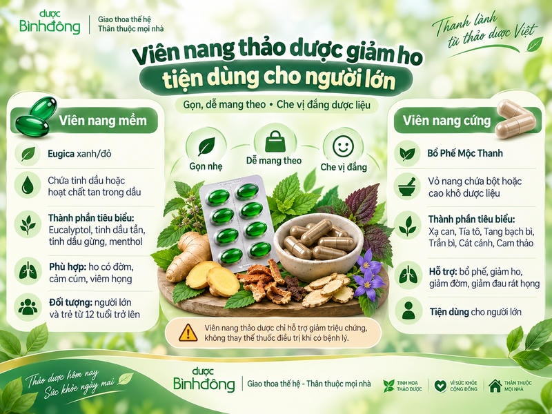 Infographic về viên nang thảo dược giảm ho, so sánh viên nang mềm và viên nang cứng, kèm thành phần tiêu biểu, đối tượng phù hợp và lưu ý chỉ hỗ trợ giảm triệu chứng.