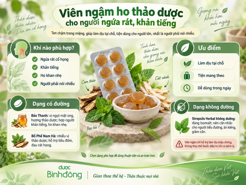 Infographic về viên ngậm ho thảo dược, trình bày đối tượng phù hợp, ưu điểm, dạng có đường và không đường cần lưu ý khi chọn.