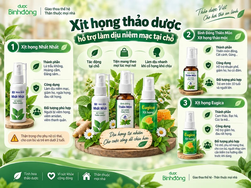 Infographic so sánh ba loại xịt họng thảo dược, nêu thành phần chính, công dụng hỗ trợ, đối tượng phù hợp và lưu ý khi sử dụng.